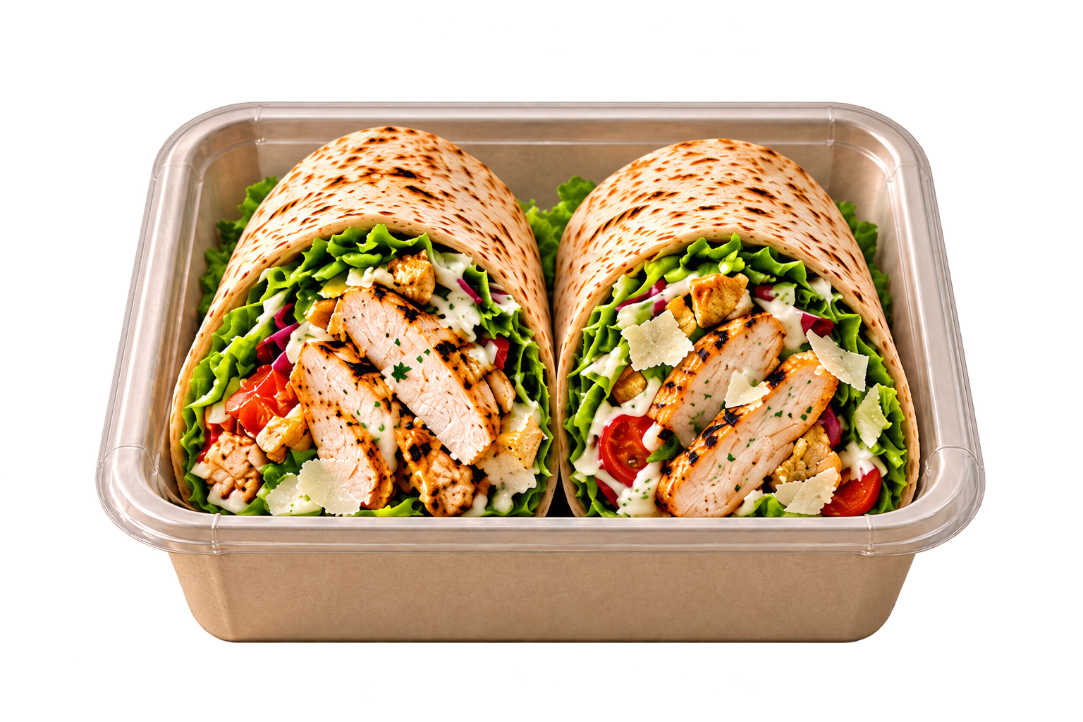 Caesar Chicken Wrap served as two halves in a tray