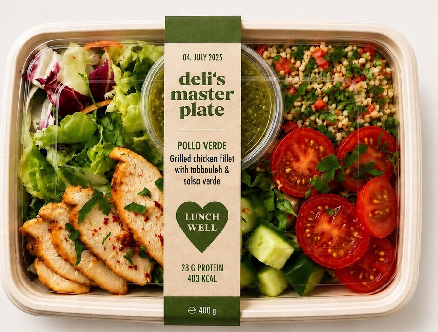 Pollo Verde master plate with its product label