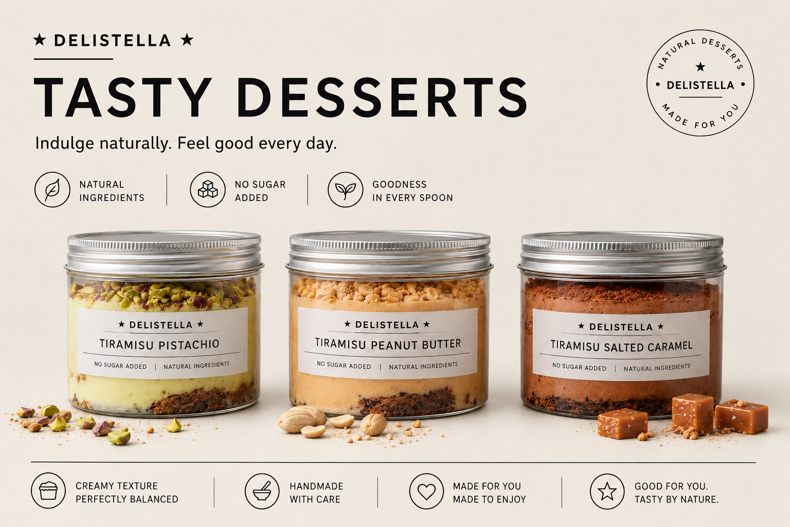 Delistella pistachio, peanut butter and salted caramel tiramisu desserts